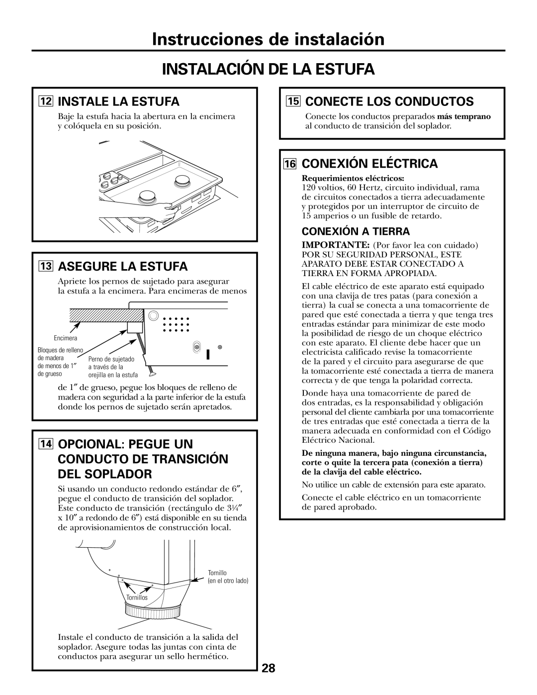 GE JGP985 owner manual Instale LA Estufa, Asegure LA Estufa, DEL Soplador, Conecte LOS Conductos, Conexión Eléctrica 