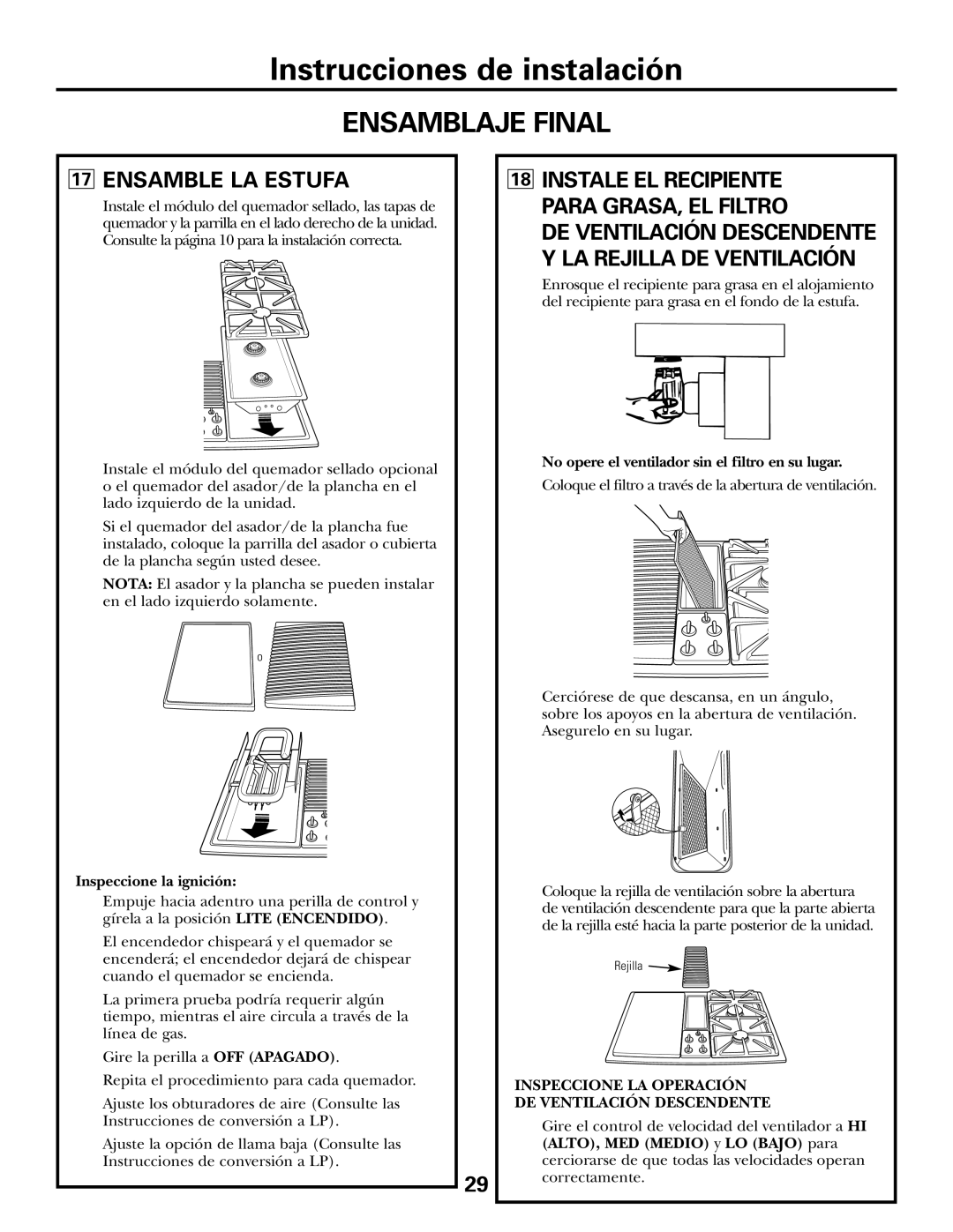 GE JGP985 owner manual Ensamblaje Final, Ensamble LA Estufa, DE Ventilación Descendente LA Rejilla DE Ventilación 