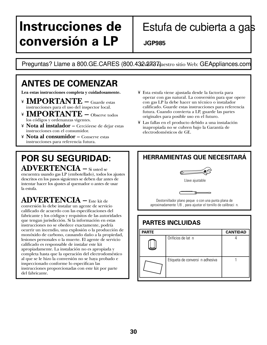 GE JGP985 owner manual Instrucciones de conversión a LP, Herramientas QUE Necesitará 