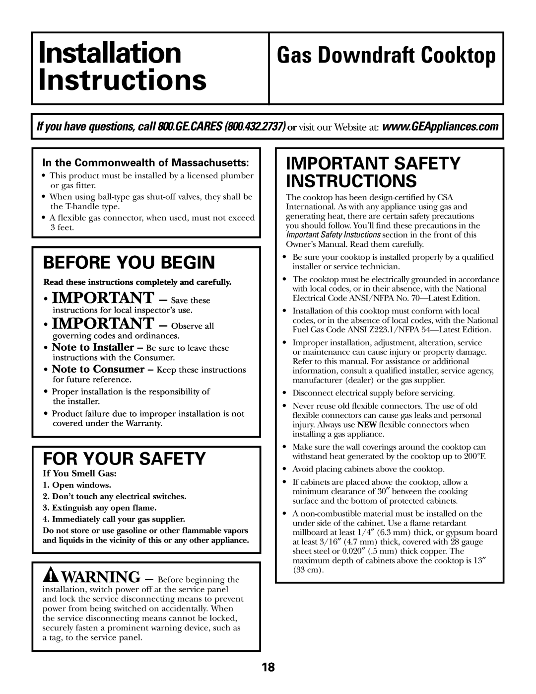 GE JGP985 Installation Instructions, Before You Begin, For Your Safety, Important Safety Instructions, Open windows 