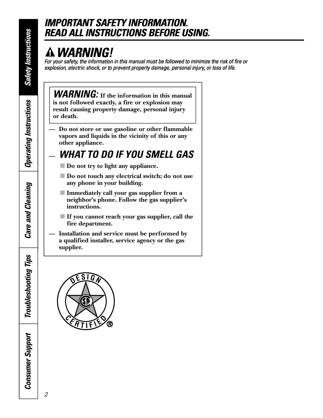 GE JGP985 owner manual What To Do If You Smell Gas 