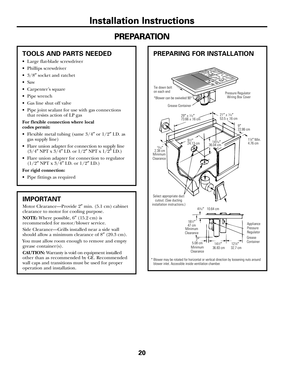 GE JGP985 Preparation, Installation Instructions, Tools And Parts Needed, Preparing For Installation, For rigid connection 