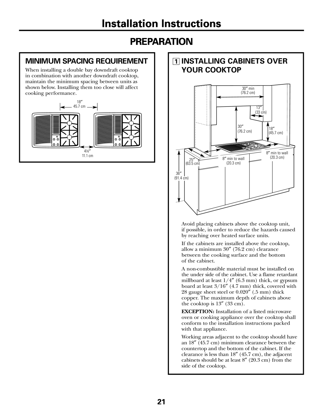 GE JGP985 Installation Instructions, Preparation, Minimum Spacing Requirement, 1INSTALLING CABINETS OVER YOUR COOKTOP 
