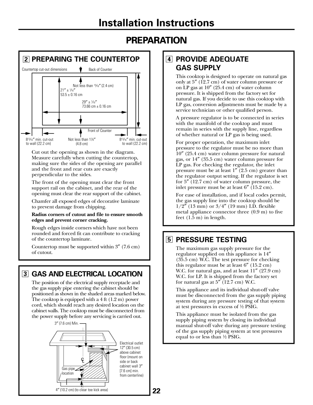 GE JGP985 owner manual Installation Instructions, Preparation, 2PREPARING THE COUNTERTOP, 3GAS AND ELECTRICAL LOCATION 