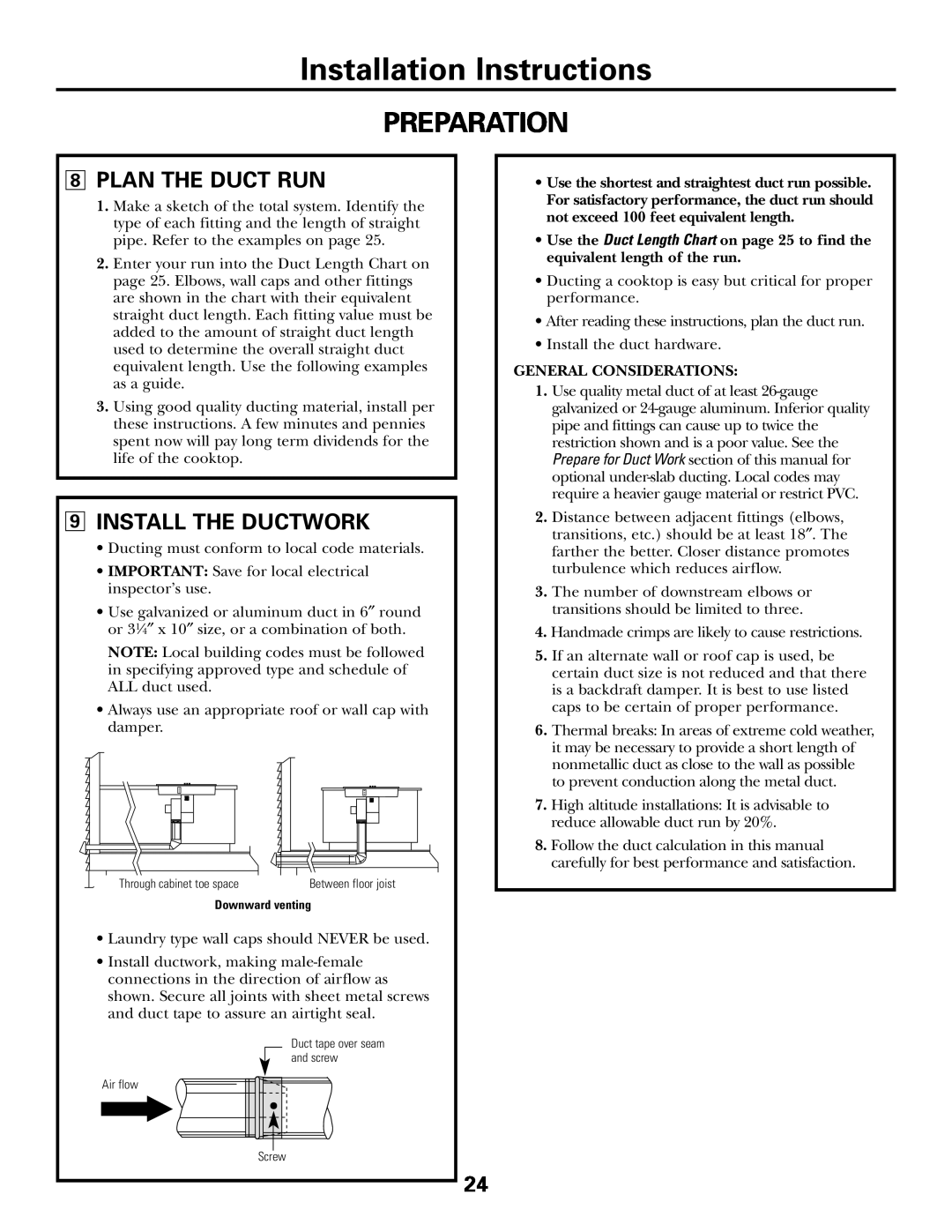 GE JGP985 Installation Instructions, Preparation, 8PLAN THE DUCT RUN, 9INSTALL THE DUCTWORK, General Considerations 