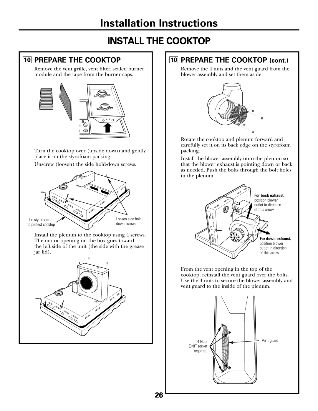 GE JGP985 owner manual Install The Cooktop, Installation Instructions, 10PREPARE THE COOKTOP cont 