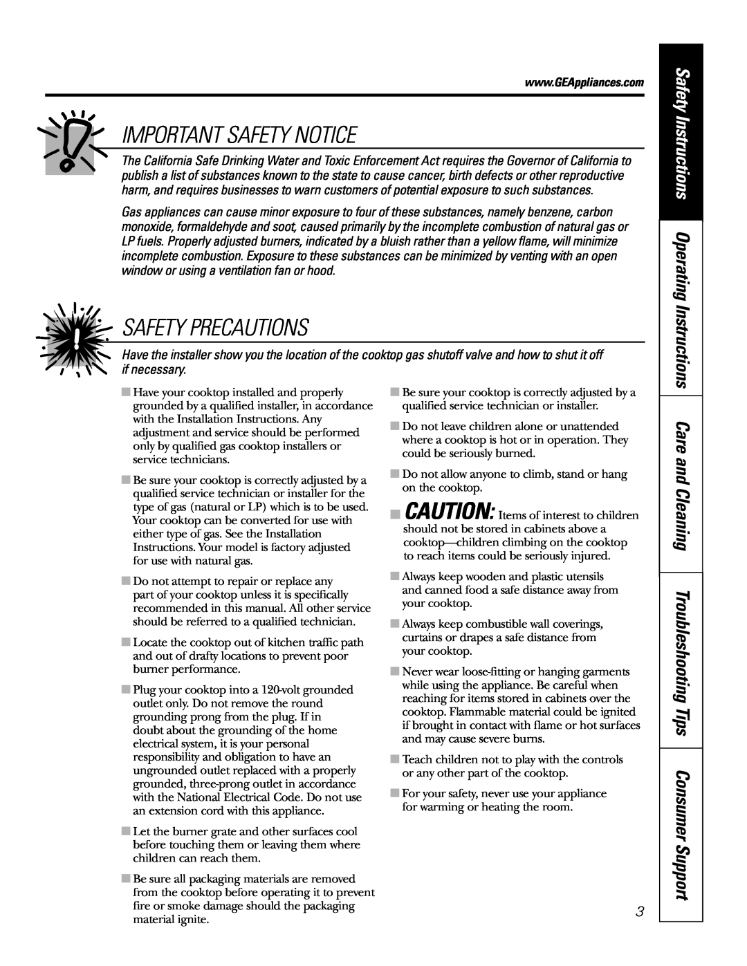 GE JGP985 owner manual Important Safety Notice, Safety Precautions, Safety Instructions Operating Instructions 