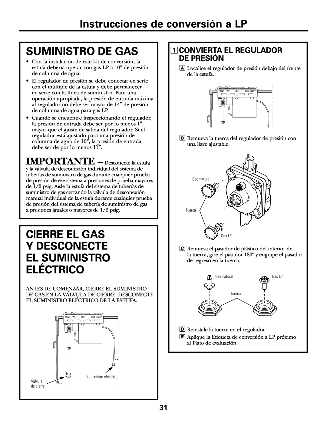 GE JGP985 Instrucciones de conversión a LP, Suministro De Gas, Cierre El Gas, Ydesconecte El Suministro Eléctrico 