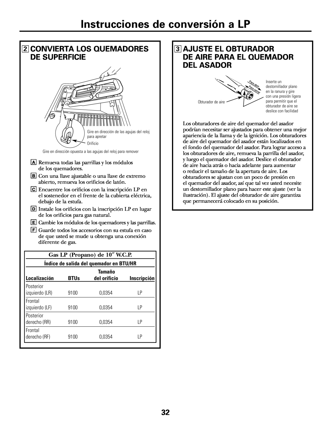 GE JGP985 Instrucciones de conversión a LP, 2CONVIERTA LOS QUEMADORES DE SUPERFICIE, 3AJUSTE EL OBTURADOR, Localización 