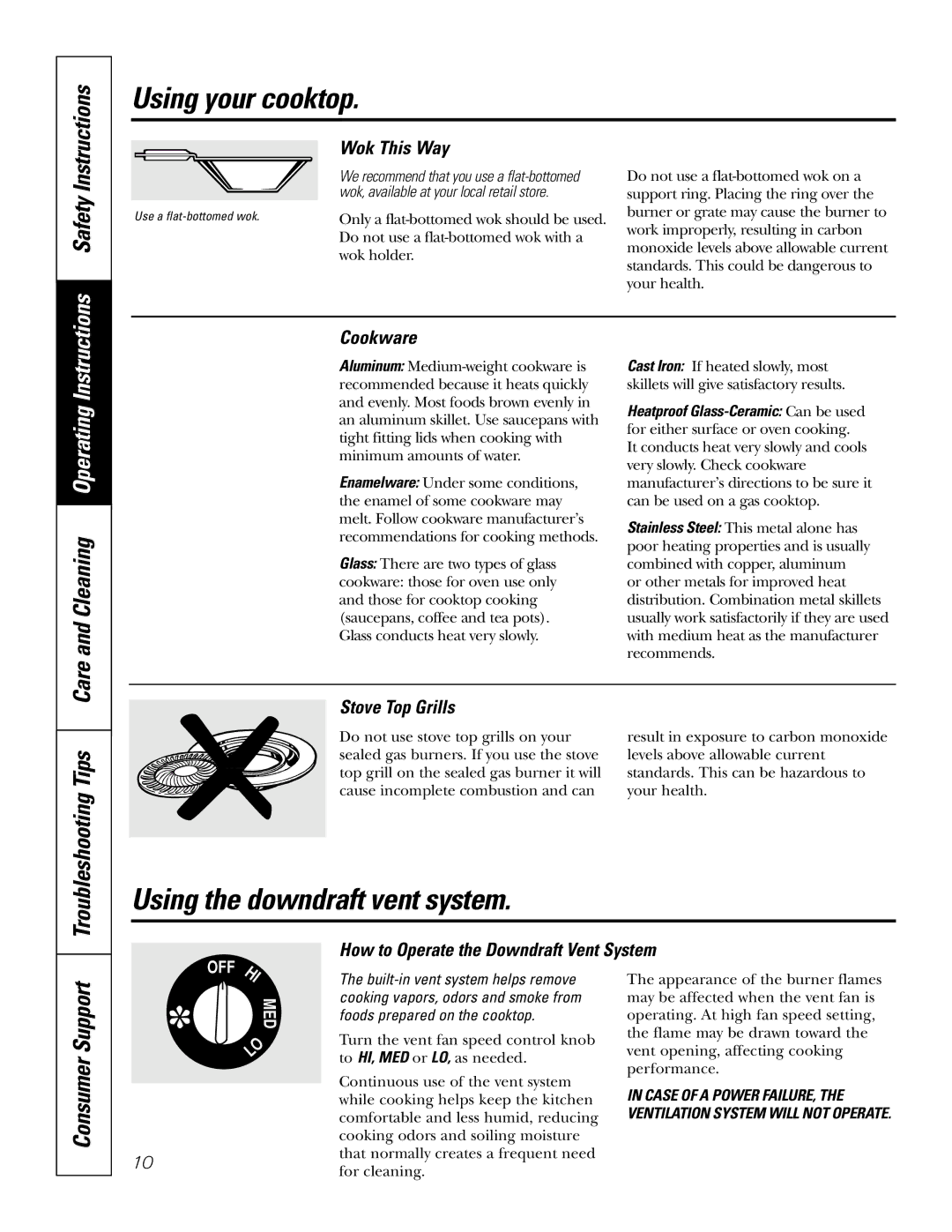 GE JGP989 manual Using your cooktop, Using the downdraft vent system 