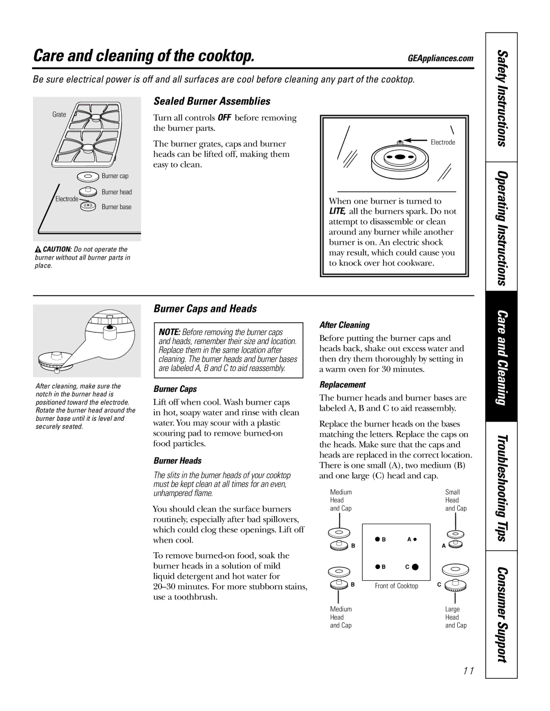 GE JGP989 manual Care and cleaning of the cooktop, Sealed Burner Assemblies, Burner Caps and Heads 