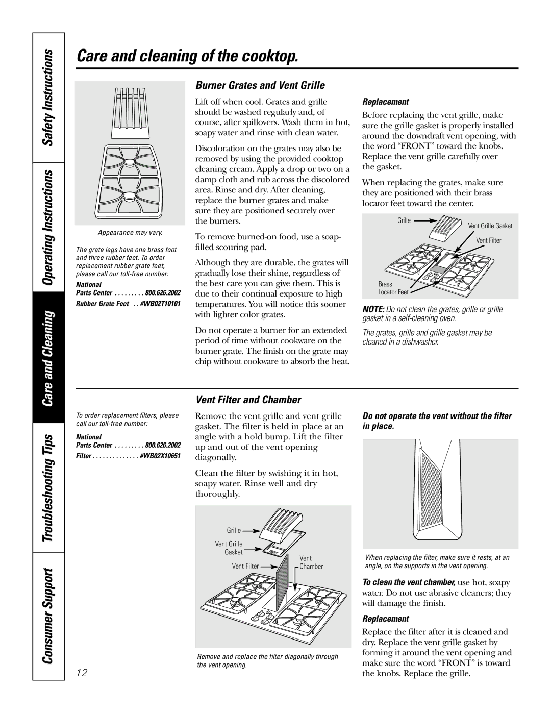 GE JGP989 Burner Grates and Vent Grille, Vent Filter and Chamber, Do not operate the vent without the filter in place 