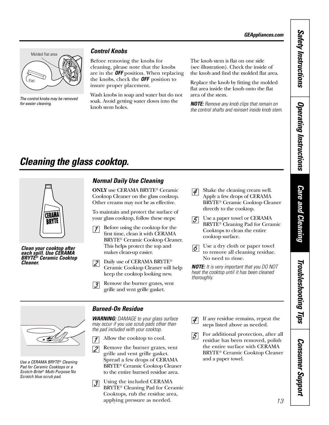 GE JGP989 manual Cleaning the glass cooktop, Control Knobs, Instructions Operating Instructions, Normal Daily Use Cleaning 