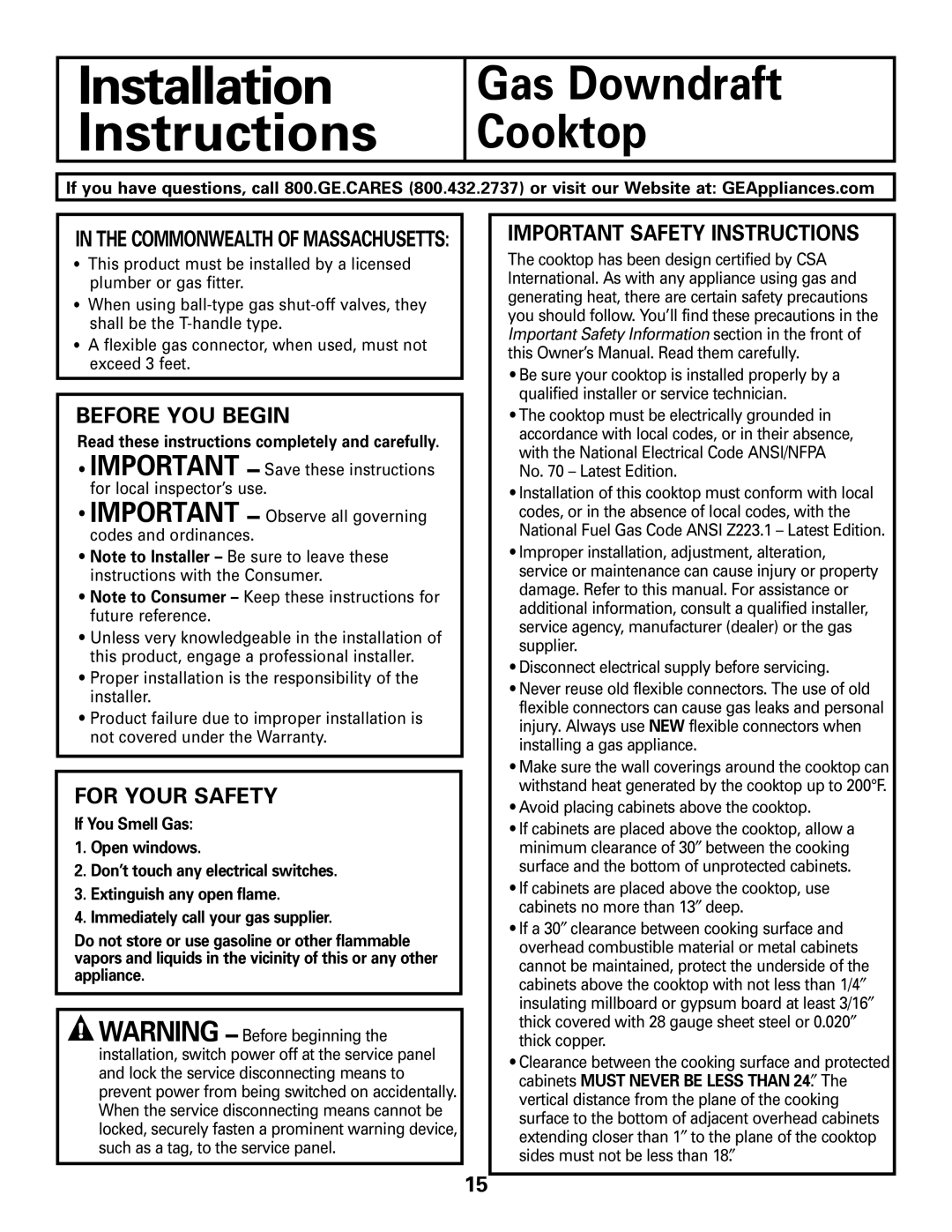 GE JGP989 manual Before YOU Begin, For Your Safety, Important Safety Instructions, Commonwealth of Massachusetts 