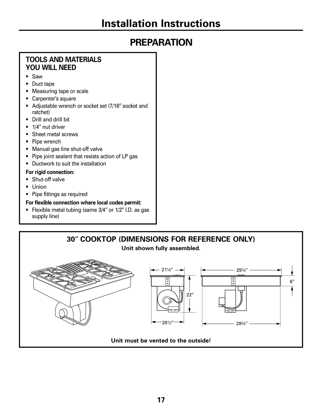 GE JGP989 manual Preparation, Tools and Materials YOU will Need, 30″ Cooktop Dimensions for Reference only 