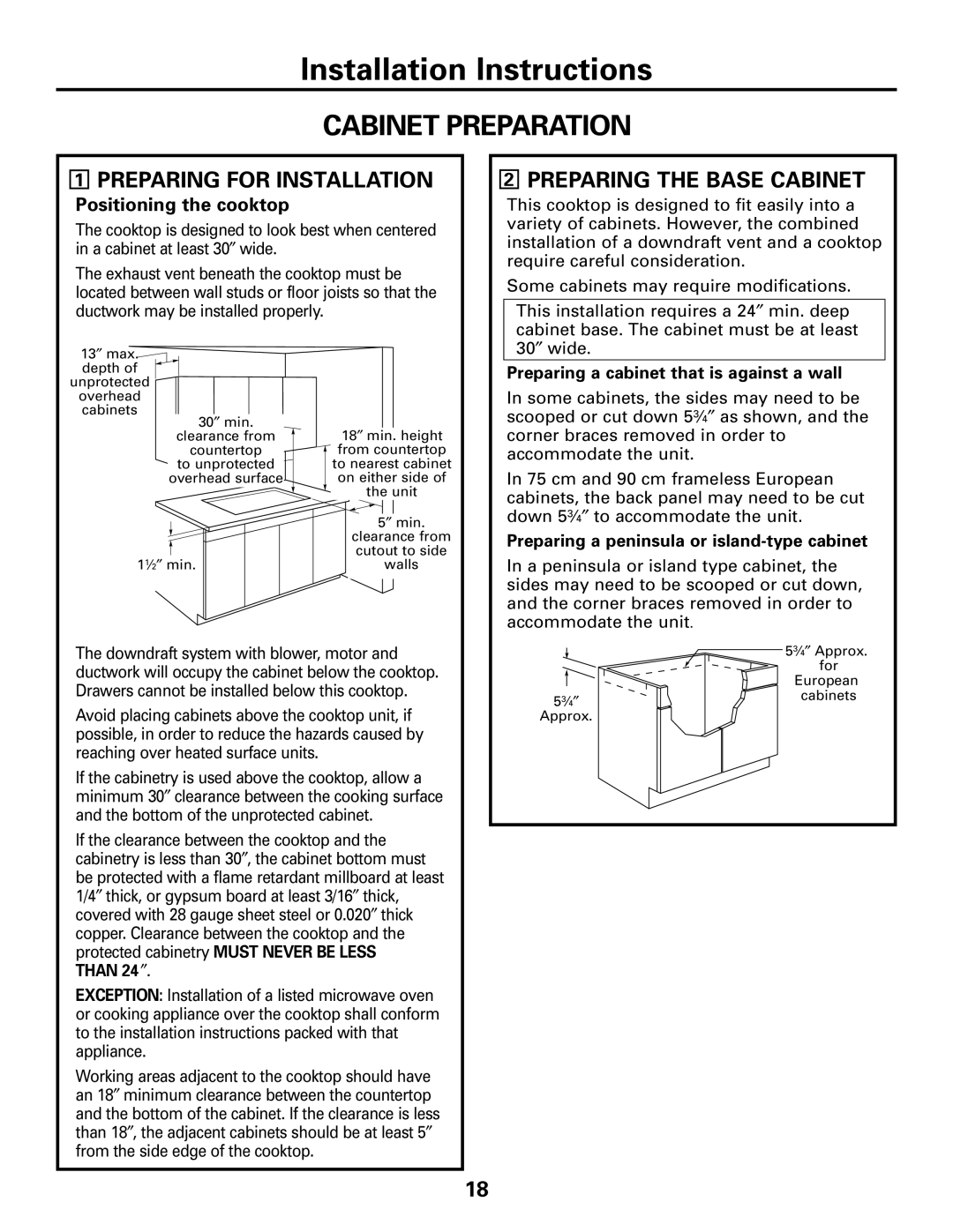 GE JGP989 manual Cabinet Preparation, Preparing for Installation, Preparing the Base Cabinet 