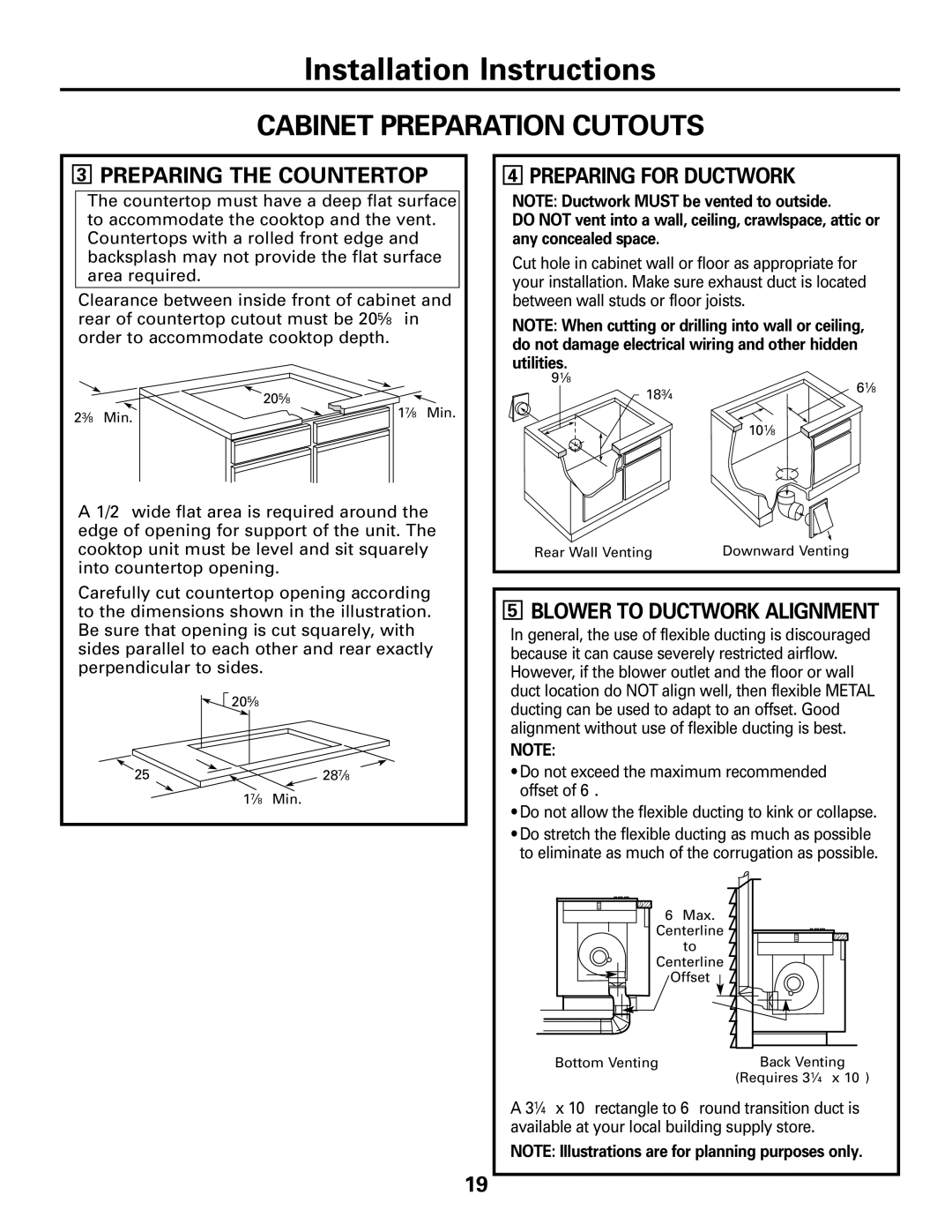 GE JGP989 Cabinet Preparation Cutouts, Preparing the Countertop, Preparing for Ductwork, Blower to Ductwork Alignment 