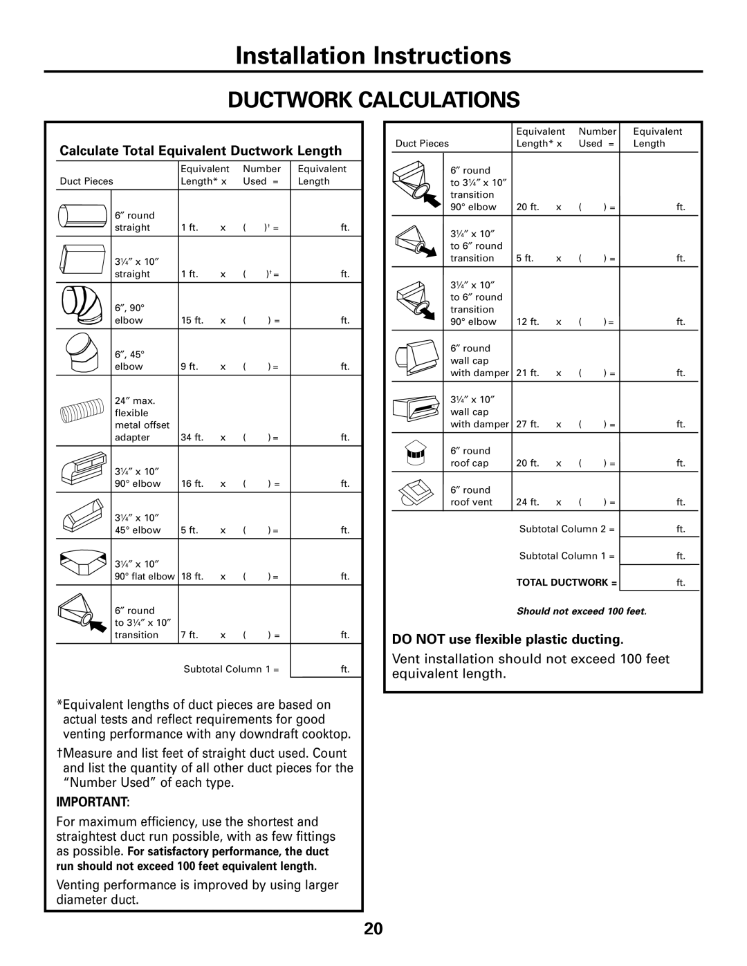 GE JGP989 manual Ductwork Calculations, Calculate Total Equivalent Ductwork Length, Do not use flexible plastic ducting 
