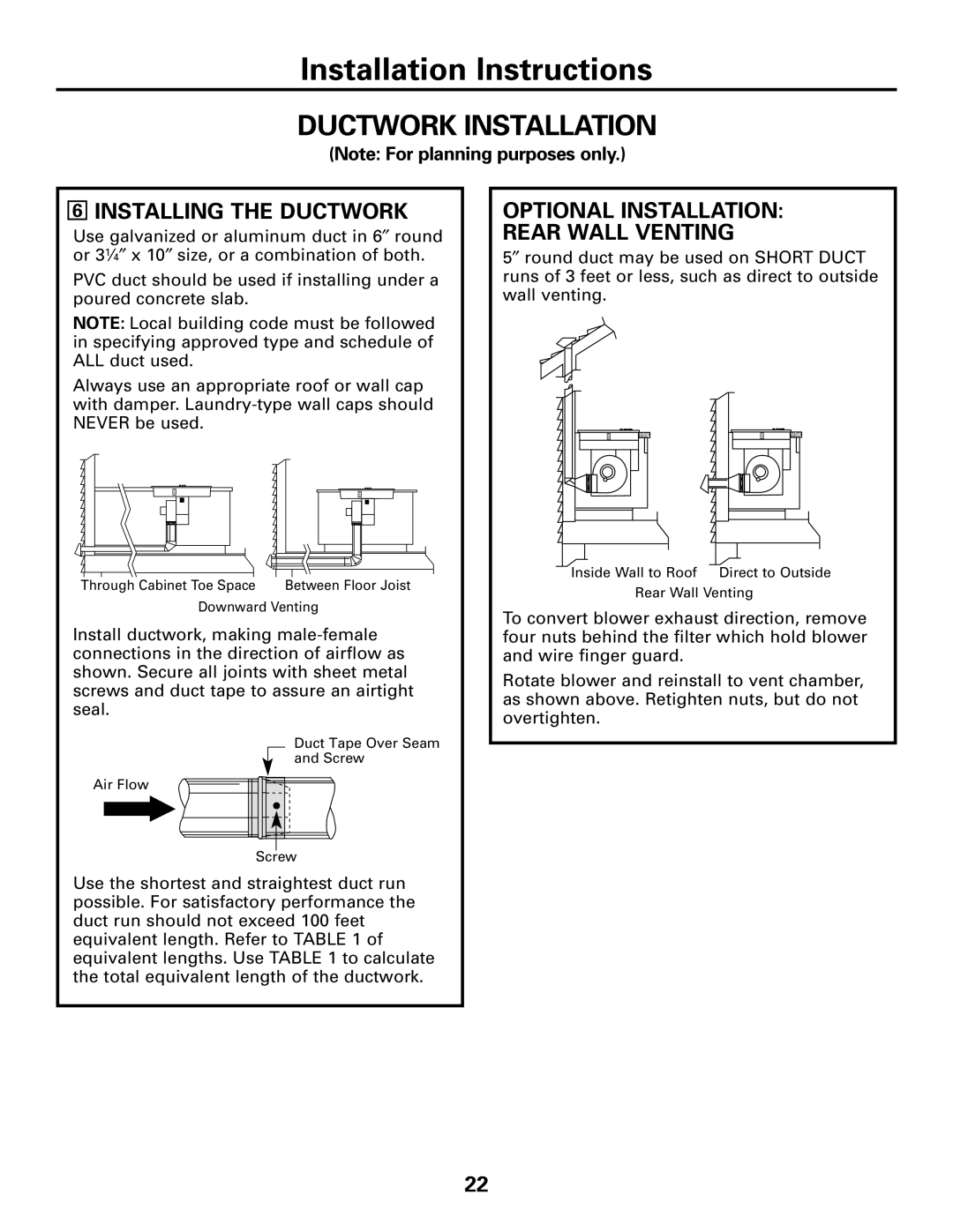 GE JGP989 manual Ductwork Installation, Installing the Ductwork, Optional Installation Rear Wall Venting 