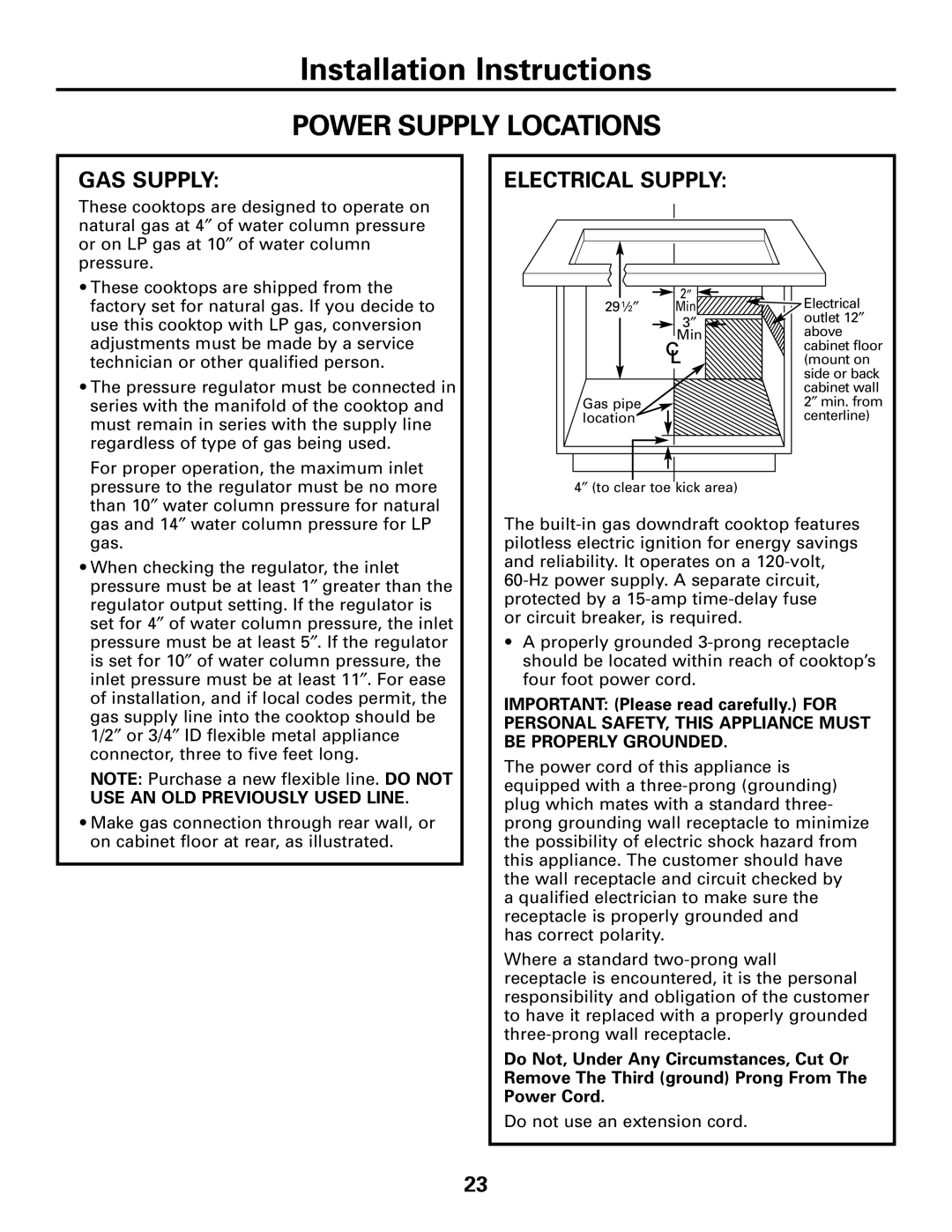 GE JGP989 manual Power Supply Locations, GAS Supply, Electrical Supply, USE AN OLD Previously Used Line 