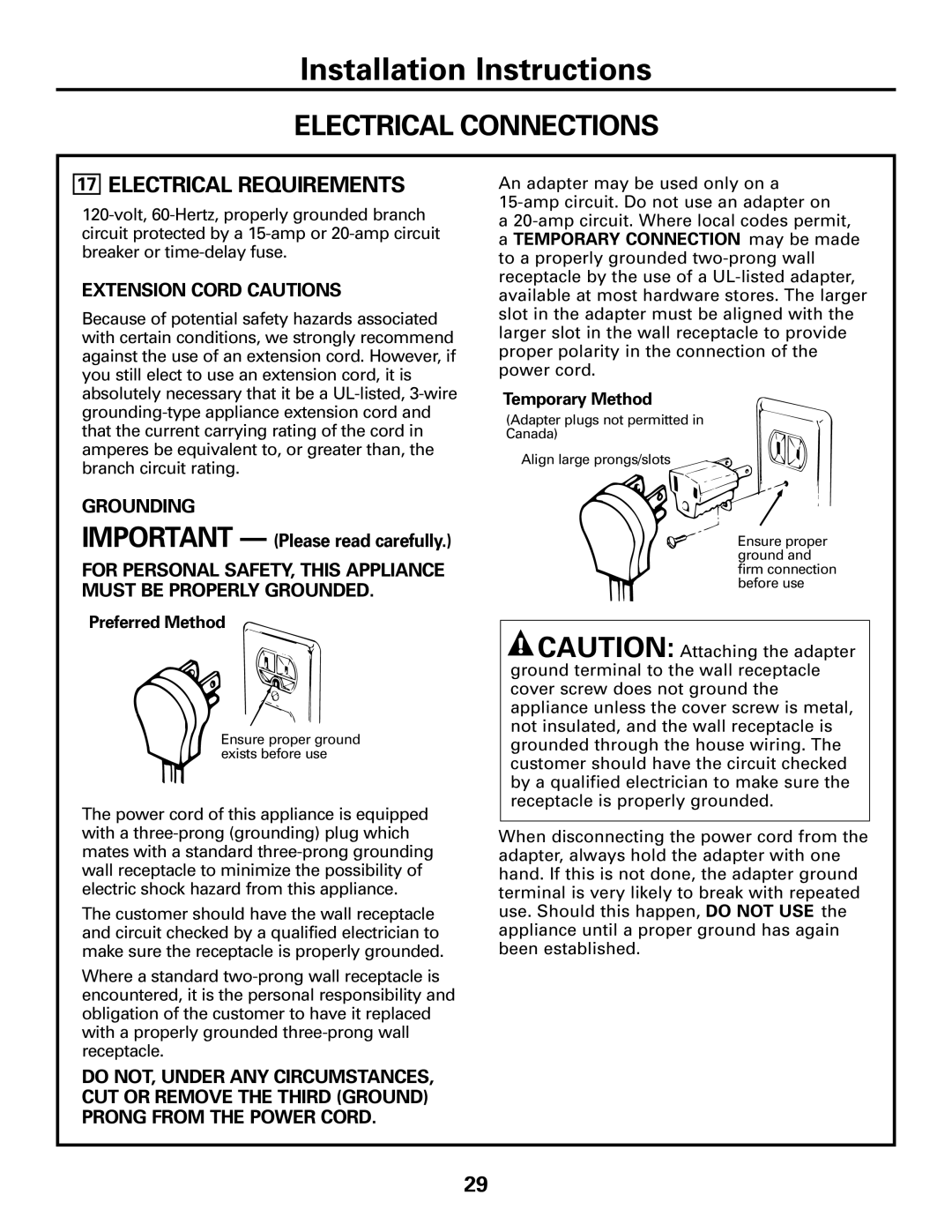 GE JGP989 manual Electrical Connections, Electrical Requirements, Preferred Method, Temporary Method 