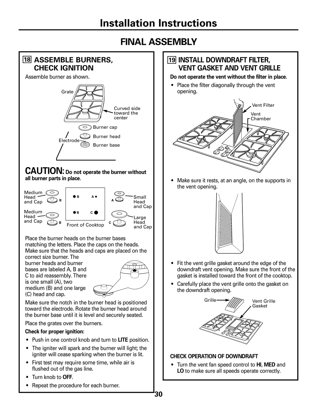 GE JGP989 manual Final Assembly, Assemble BURNERS, Check Ignition, Check for proper ignition, Check Operation of Downdraft 