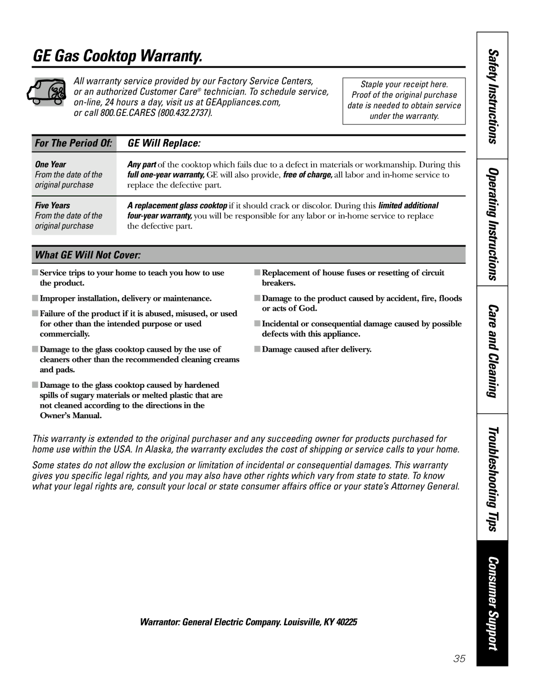 GE JGP989 manual GE Gas Cooktop Warranty, GE Will Replace, What GE Will Not Cover, One Year 