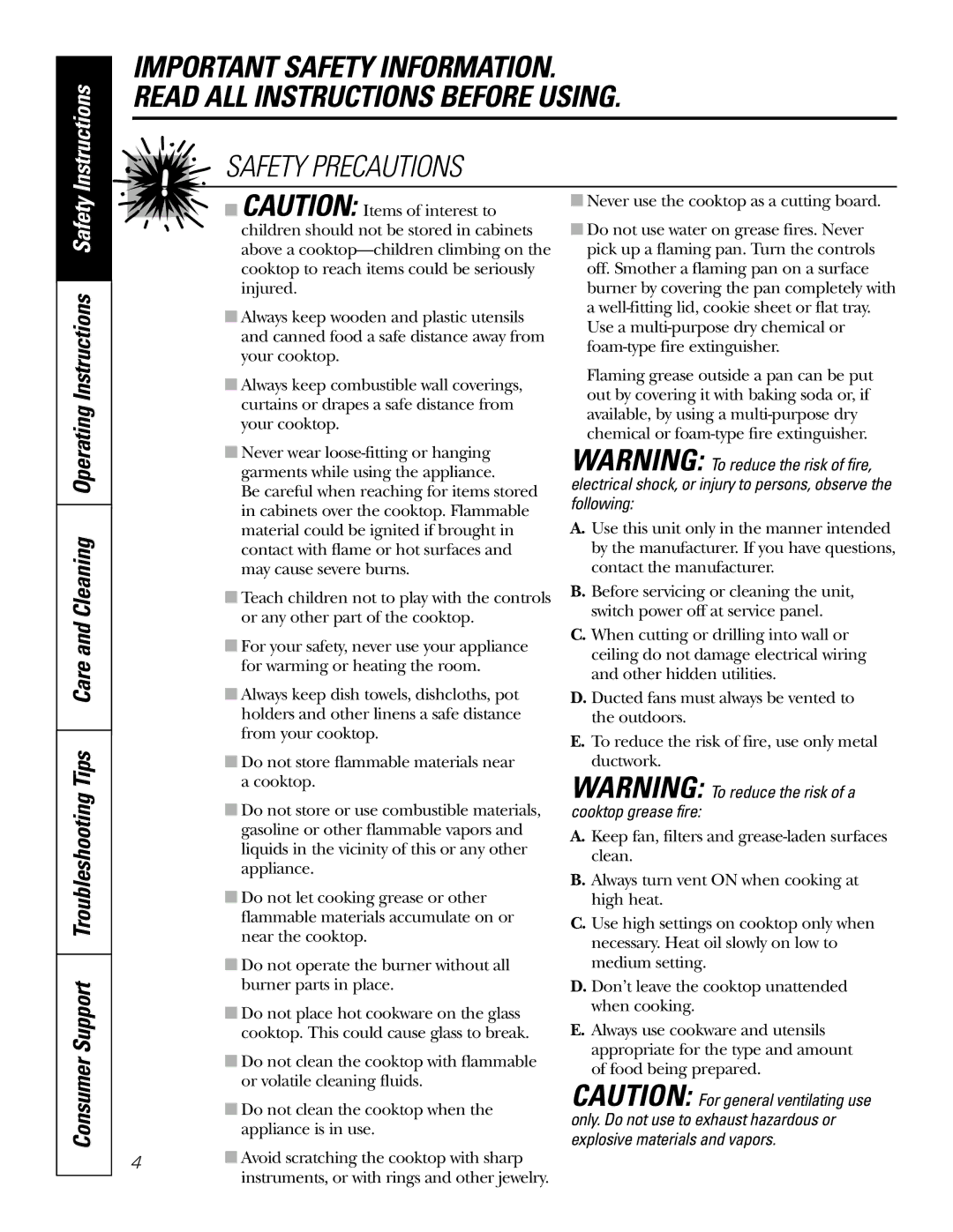 GE JGP989 manual Instructions 