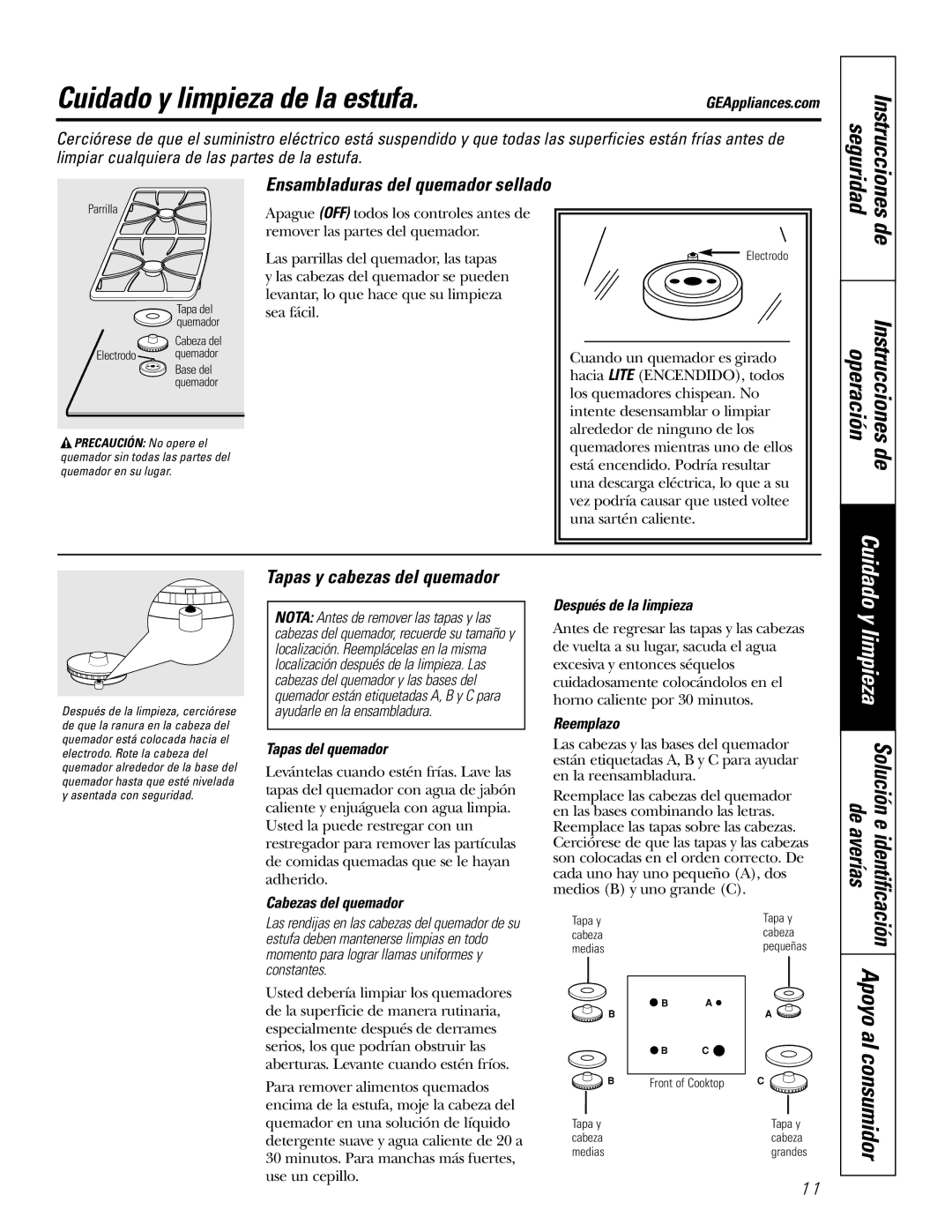 GE JGP989 manual Cuidado y limpieza de la estufa, Ensambladuras del quemador sellado, Tapas y cabezas del quemador 