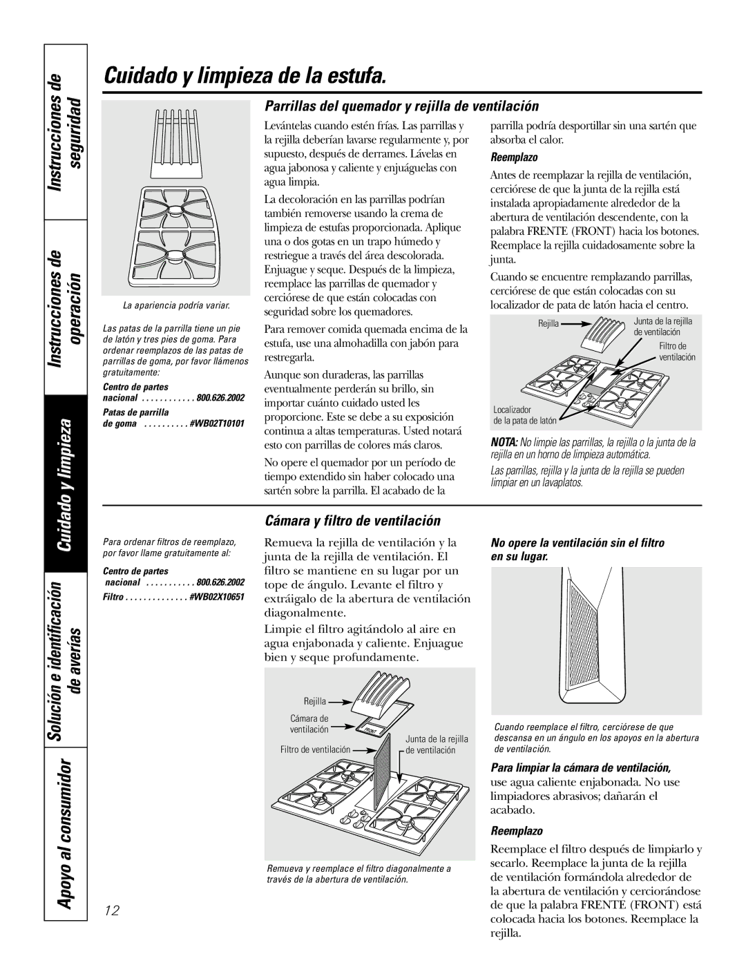 GE JGP989 manual Parrillas del quemador y rejilla de ventilación, Cámara y filtro de ventilación 