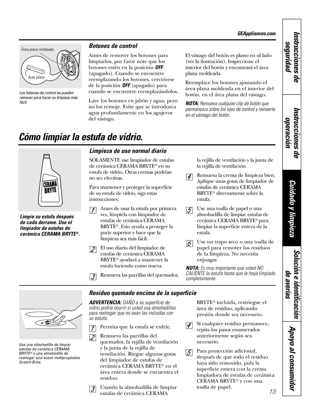 GE JGP989 manual Botones de control, Residuo quemado encima de la superficie 