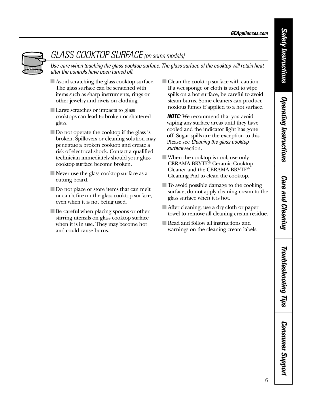 GE JGP989 manual Glass Cooktop Surface on some models 