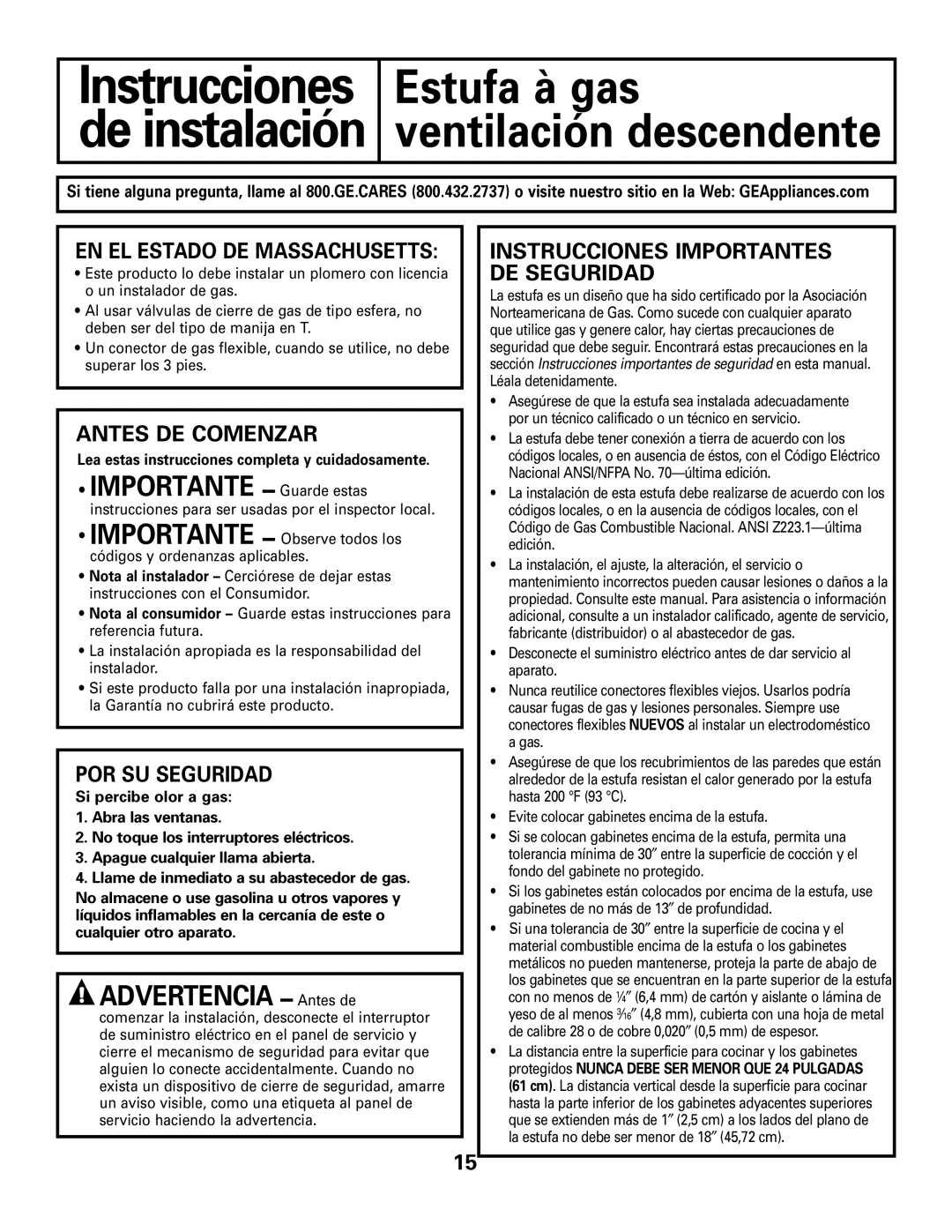 GE JGP989 manual Antes DE Comenzar, POR SU Seguridad, Instrucciones Importantes DE Seguridad, EN EL Estado DE Massachusetts 