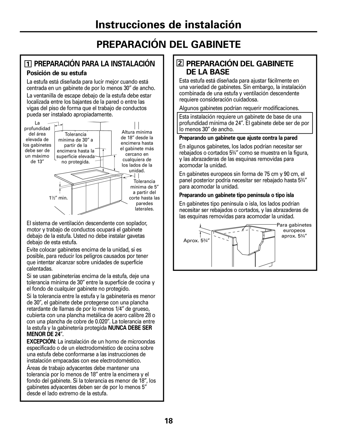 GE JGP989 manual Preparación DEL Gabinete DE LA Base, Preparación Para LA Instalación 