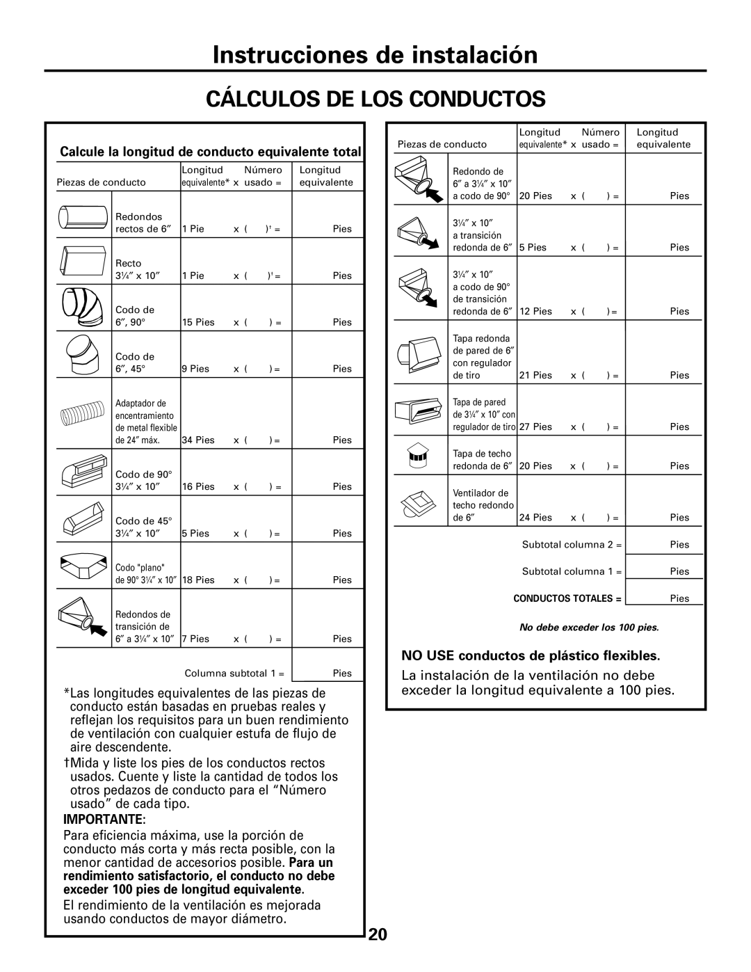 GE JGP989 manual Cálculos DE LOS Conductos, Calcule la longitud de conducto equivalente total, Importante 