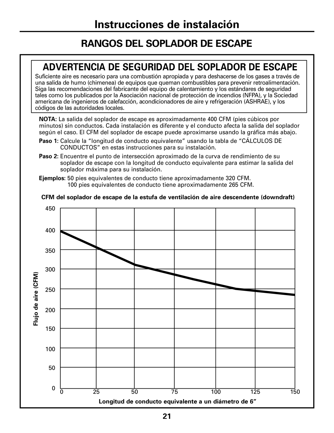 GE JGP989 manual Cfm, De aire, Flujo, Longitud de conducto equivalente a un diámetro de 