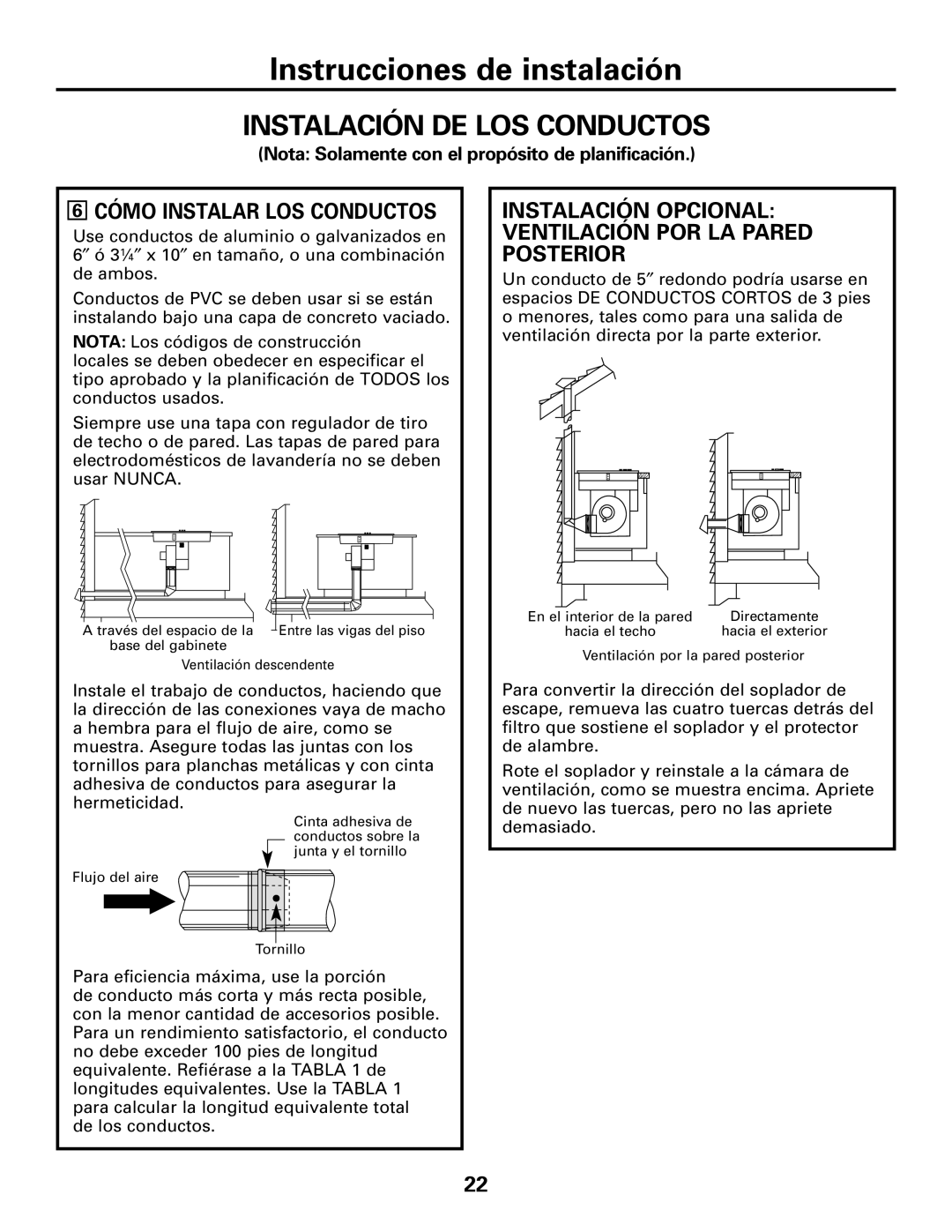 GE JGP989 manual Instalación DE LOS Conductos, Cómo Instalar LOS Conductos 