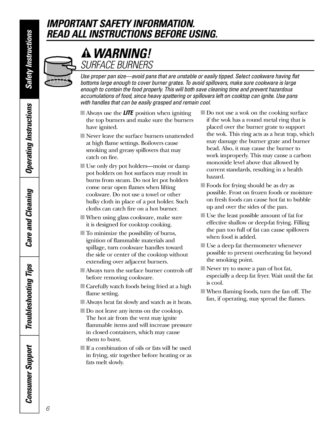 GE JGP989 manual Surface Burners 