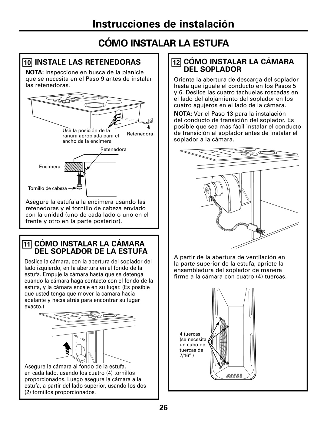 GE JGP989 manual Instale LAS Retenedoras, 12 Cómo Instalar LA Cámara DEL Soplador 