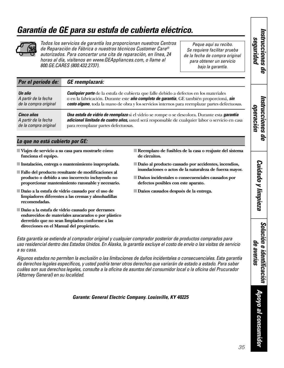 GE JGP989 Garantía de GE para su estufa de cubierta eléctrico, GE reemplazará, Lo que no está cubierto por GE, Un año 