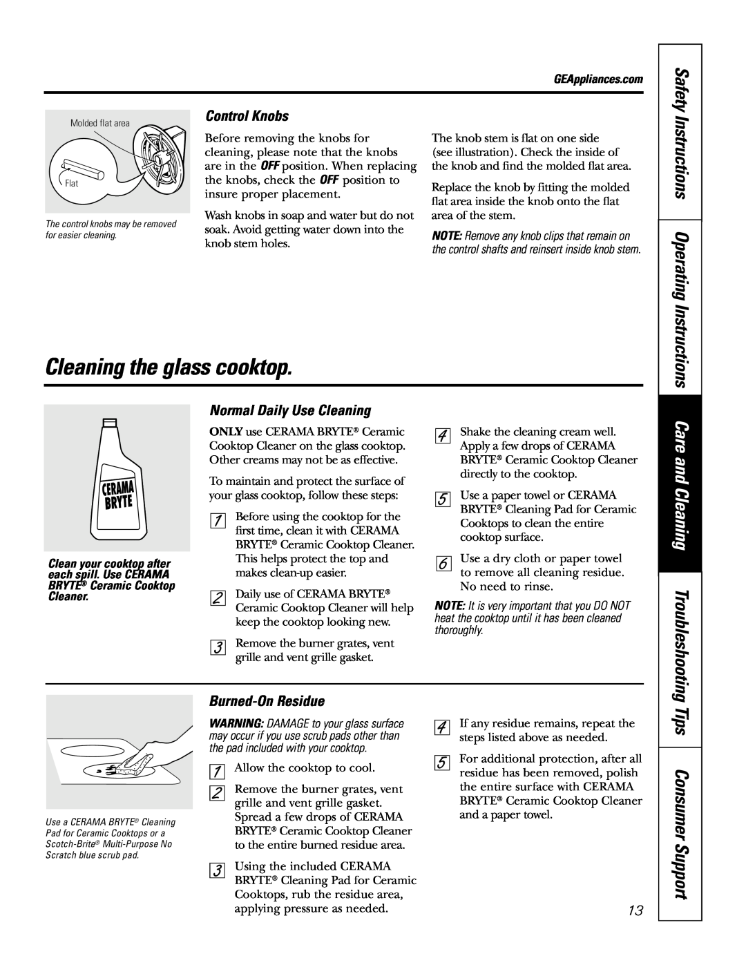 GE JGP989 Cleaning the glass cooktop, Tips Consumer, Support, Care and Cleaning Troubleshooting, Control Knobs, Safety 