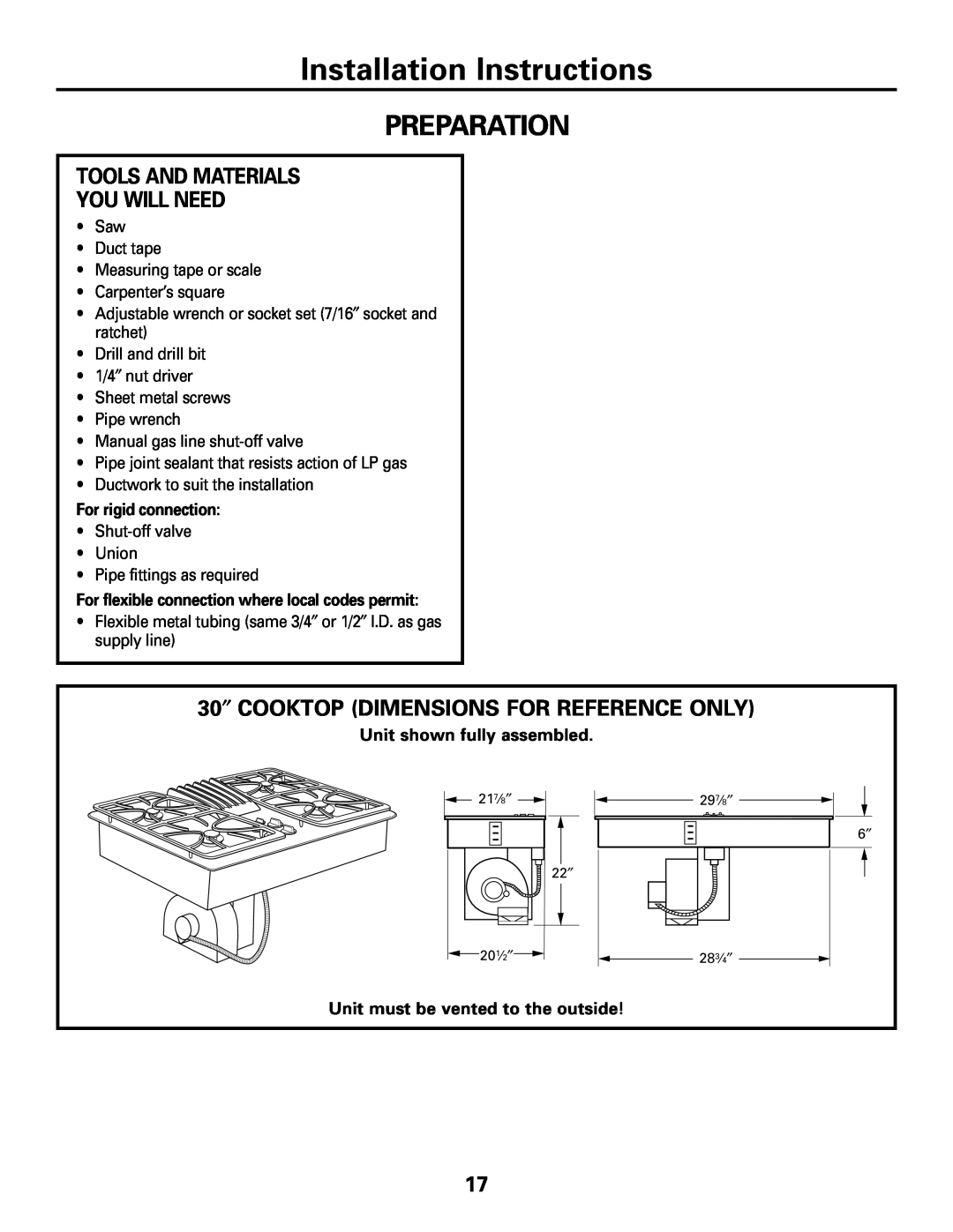 GE JGP989 Preparation, Installation Instructions, For rigid connection, For flexible connection where local codes permit 