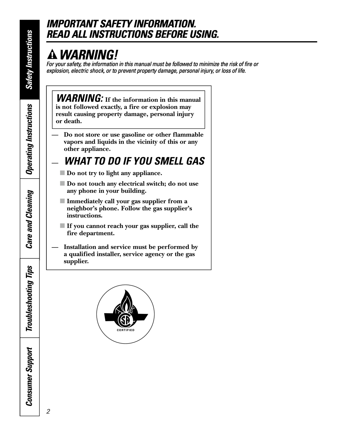 GE JGP989 manual What To Do If You Smell Gas 