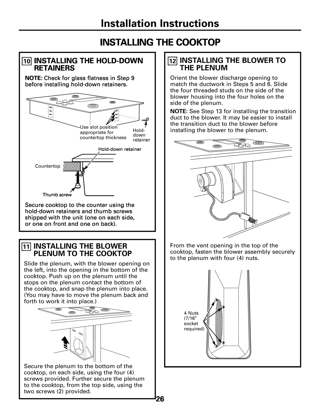GE JGP989 manual Installation Instructions, Installing The Cooktop, 10INSTALLING THE HOLD-DOWNRETAINERS 