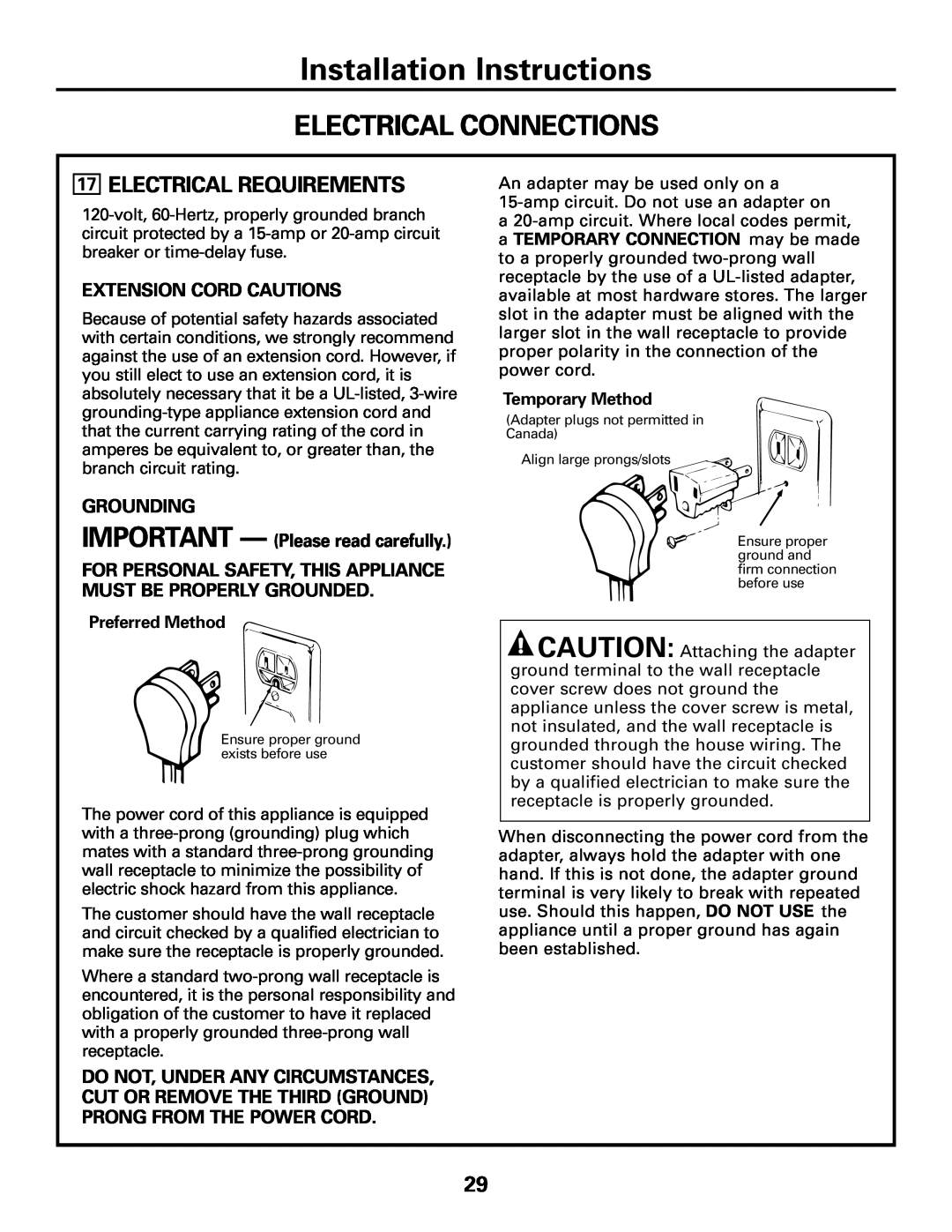 GE JGP989 Electrical Connections, Installation Instructions, Extension Cord Cautions, Preferred Method, Temporary Method 