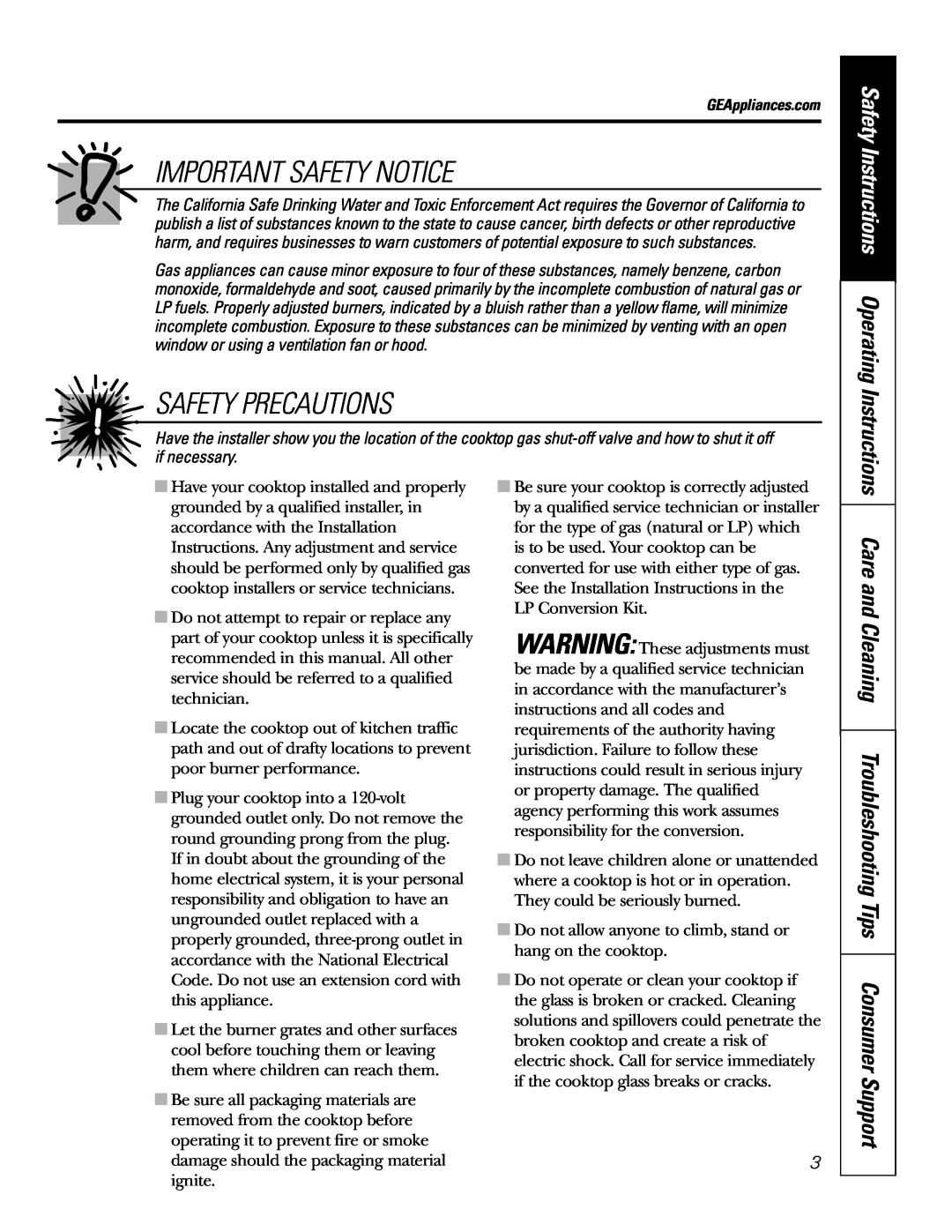 GE JGP989 manual Important Safety Notice, Safety Precautions, Safety Instructions Operating Instructions 