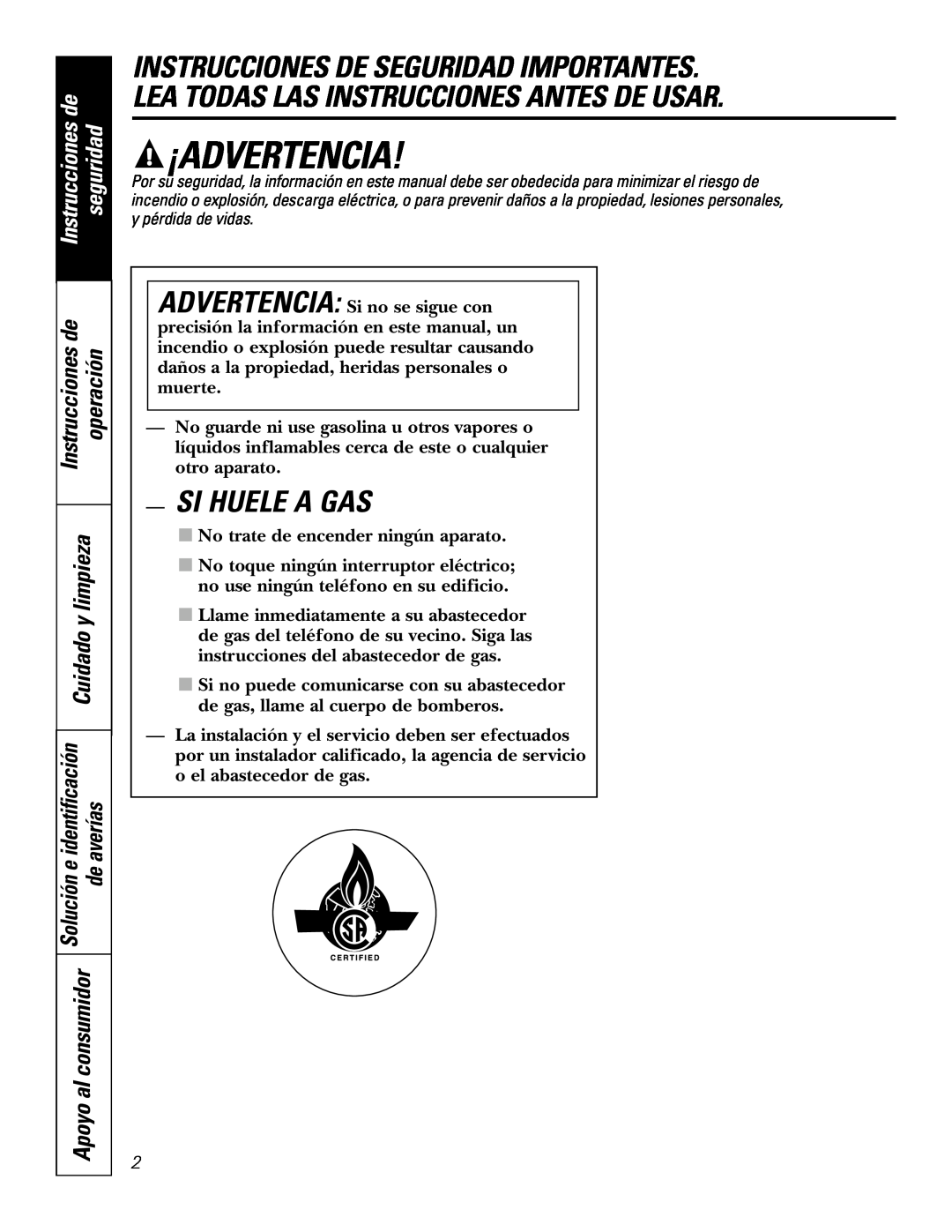 GE JGP989 manual ¡Advertencia, Si Huele A Gas, Instrucciones de, seguridad, operación 