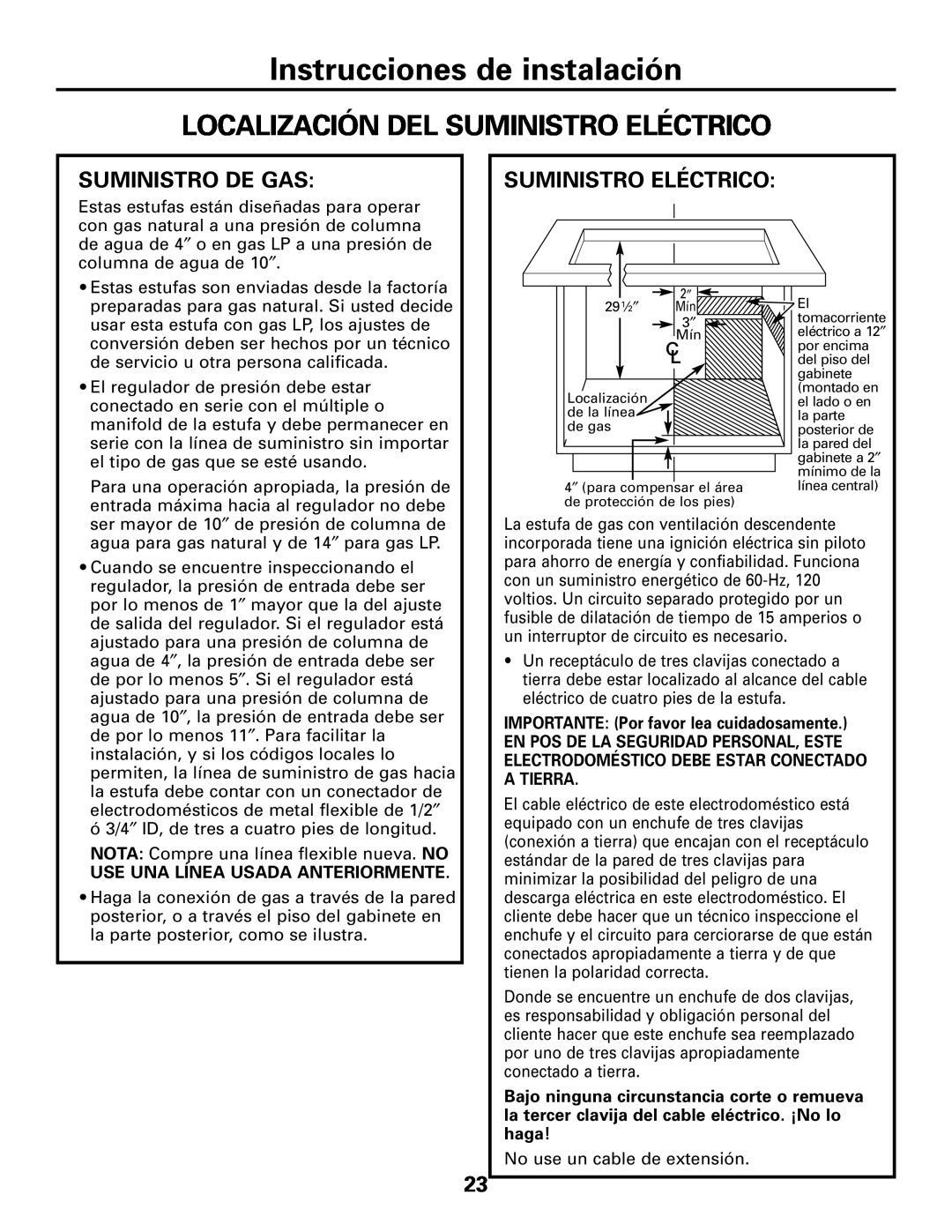 GE JGP989 manual Localización Del Suministro Eléctrico, Instrucciones de instalación, Suministro De Gas 
