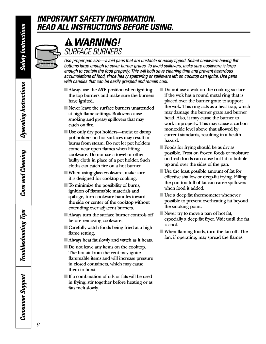 GE JGP989 manual Important Safety Information, Read All Instructions Before Using, Surface Burners, Safety Instructions 