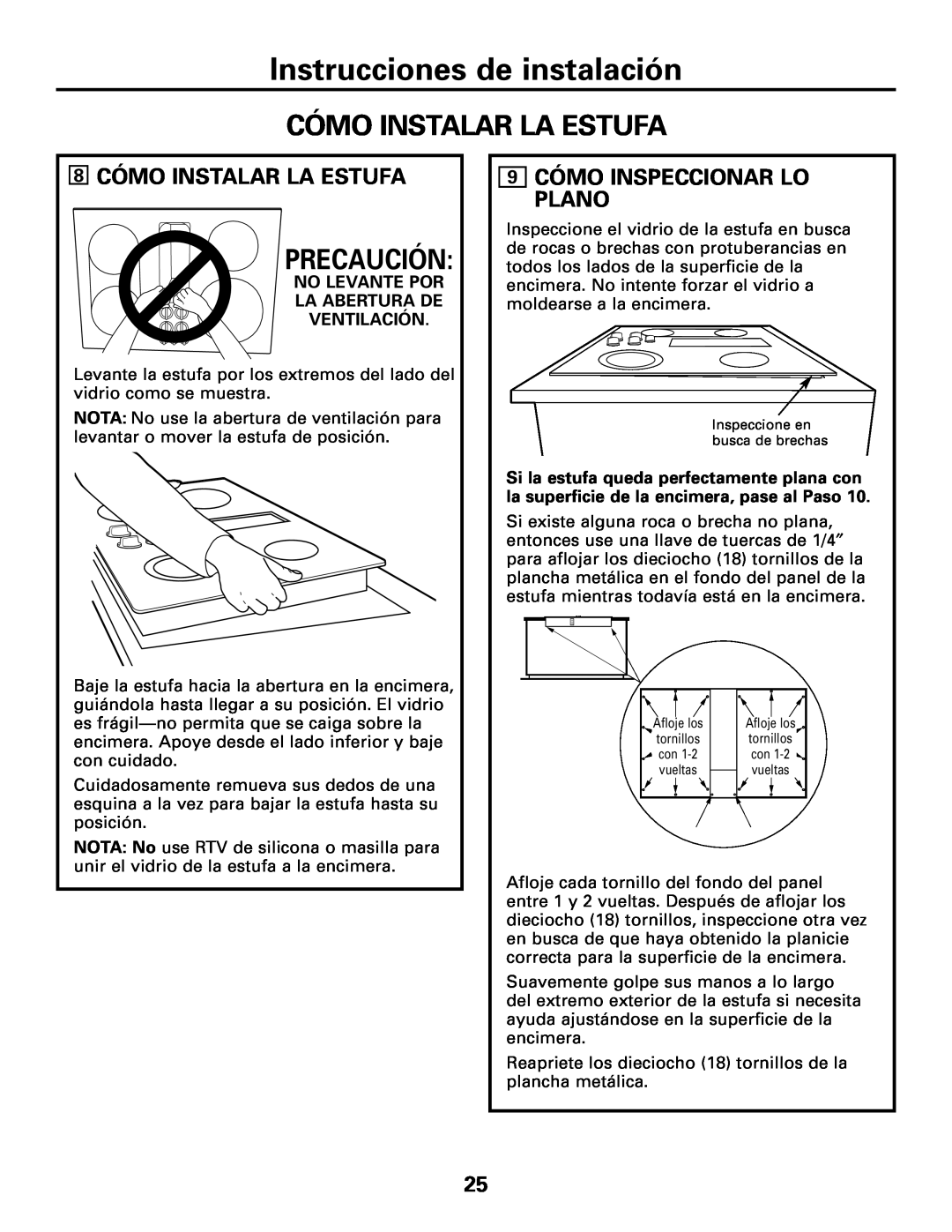 GE JGP989 manual Cómo Instalar La Estufa, Precaución, Instrucciones de instalación, 8CÓMO INSTALAR LA ESTUFA 